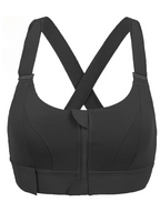 Soutien-gorge de sport noir avec fermeture éclair avant, bretelles croisées, design sans couture, idéal pour fitness et yoga.