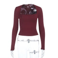 Square neck burgundy long-sleeve slim fit top