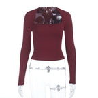 Square neck burgundy long-sleeve slim fit top