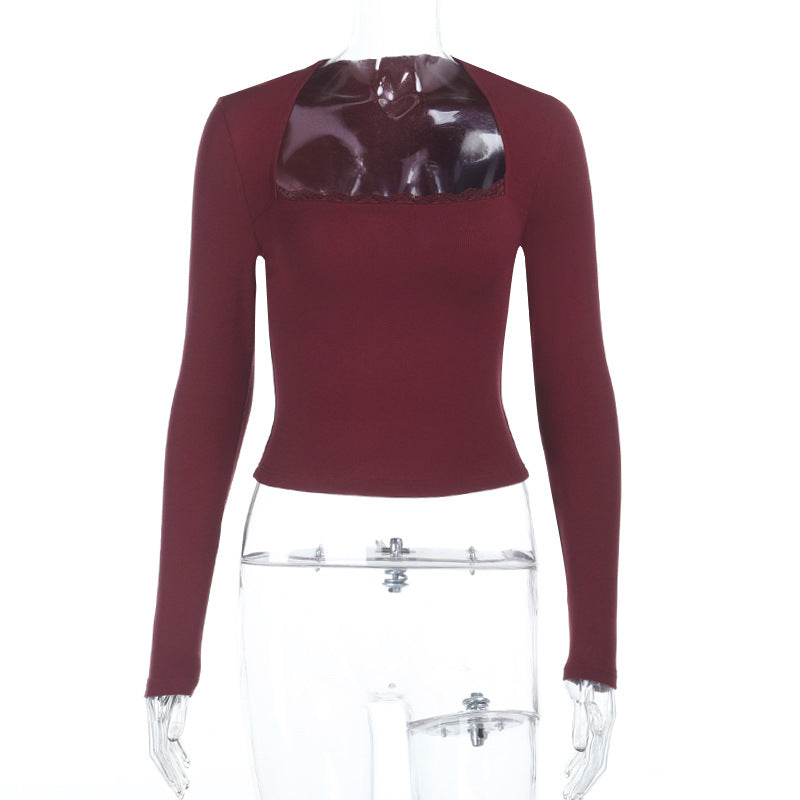 Square neck burgundy long-sleeve slim fit top