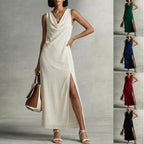 Robe fluide col drapé fendu lin polyester