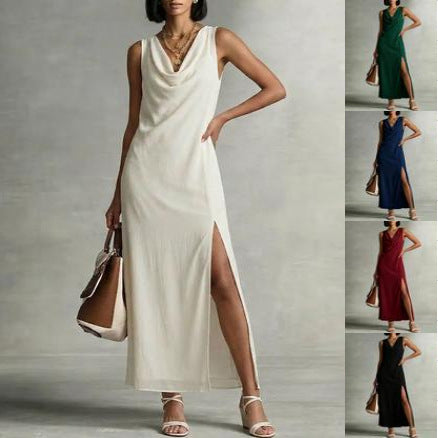Robe fluide col drapé fendu lin polyester