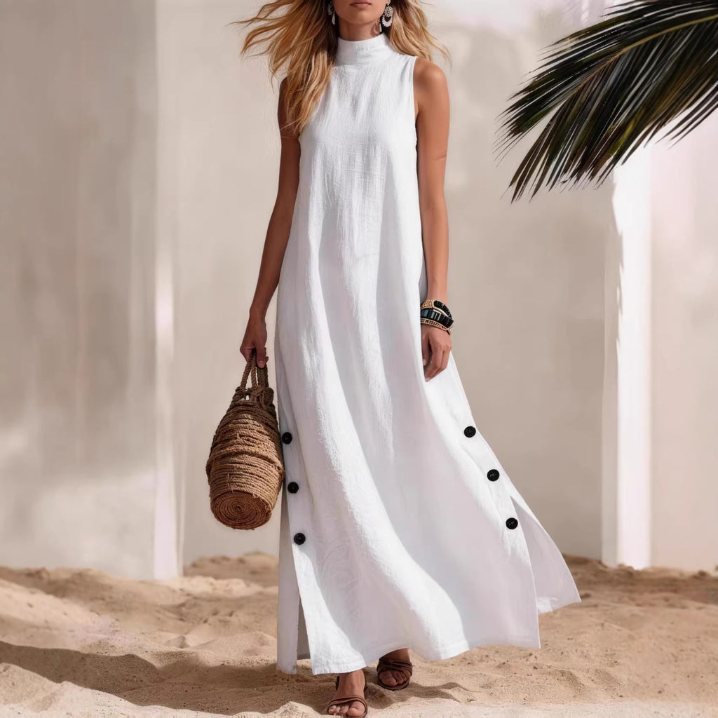Robe lin-coton sans manches, coupe droite et fentes latérales