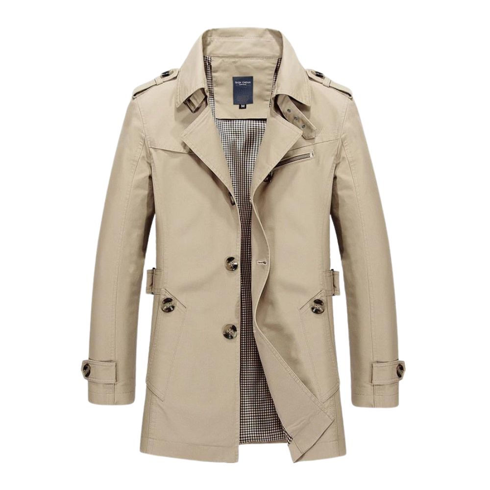Trench-coat beige pour homme, style classique, double boutonnage, ceinture ajustable, col rabattu, idéal pour mode automne-hiver.