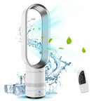 Ventilateur sans pales blanc avec télécommande, diffusion d'air frais, feuilles et éclaboussures d'eau, design moderne, technologie innovante.