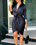 Robe chemise mi-longue à lacets et manches longues élégante - Chic&Shines