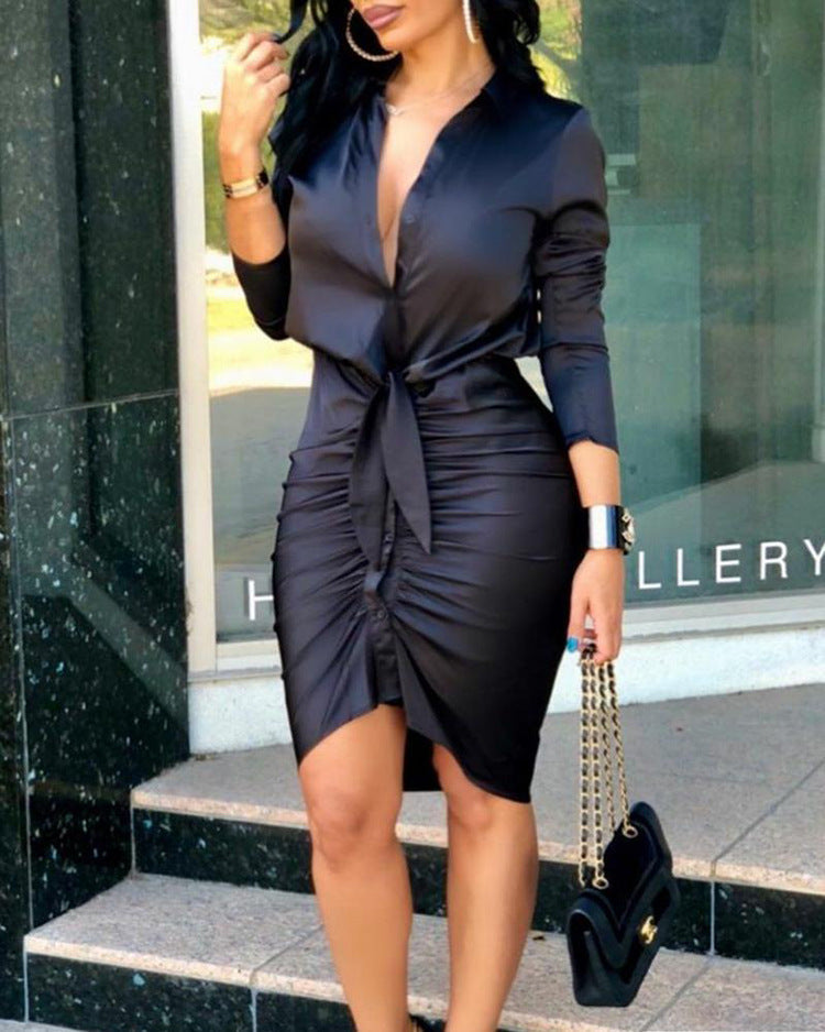 Robe chemise mi-longue à lacets et manches longues élégante - Chic&Shines