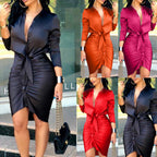 Robe chemise mi-longue à lacets et manches longues élégante