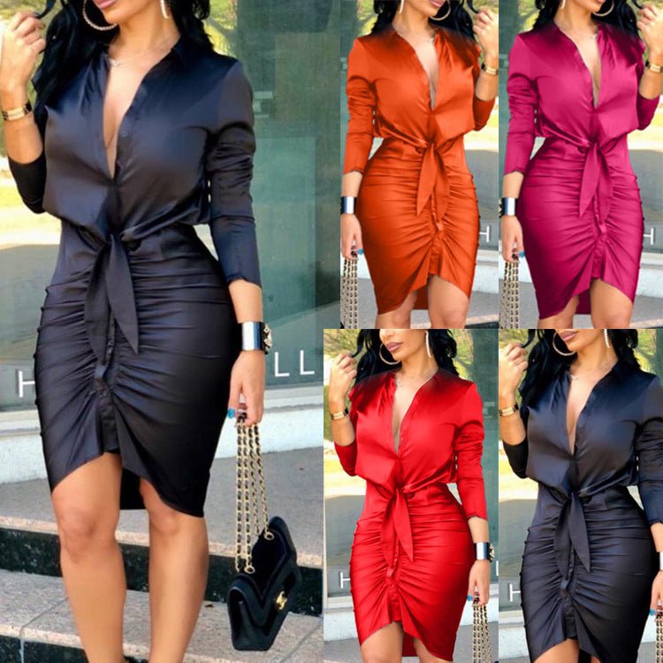 Robe chemise mi-longue à lacets et manches longues élégante