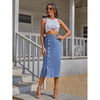 Long denim button-front skirt