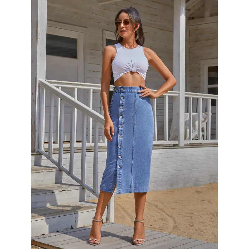 Long denim button-front skirt