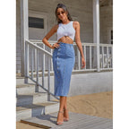 Long denim button-front skirt