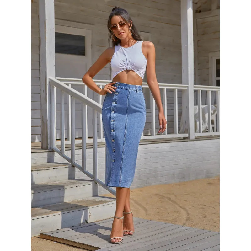 Long denim button-front skirt