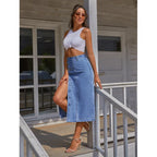 Long denim button-front skirt