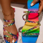 Flat-soled square-toed shoes with colored rhinestones