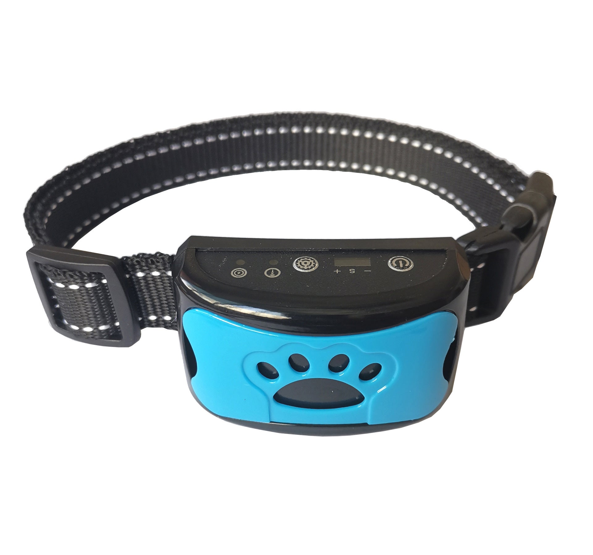 Collier anti-aboiement bleu pour chien avec capteur intelligent, design ergonomique, sangle réglable noire, technologie de détection sonore.
