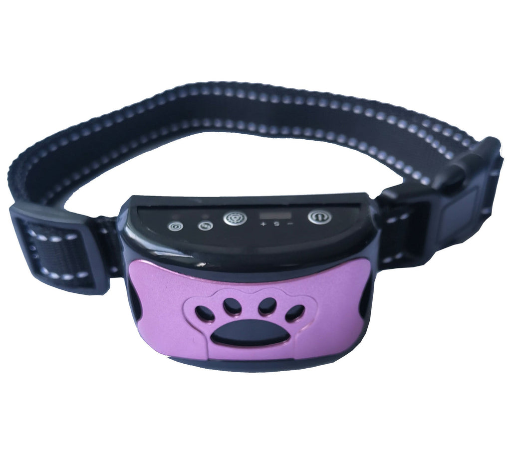Collier anti-aboiement pour chien, rose et noir, avec capteur intelligent et réglage de sensibilité. Accessoire de dressage efficace.