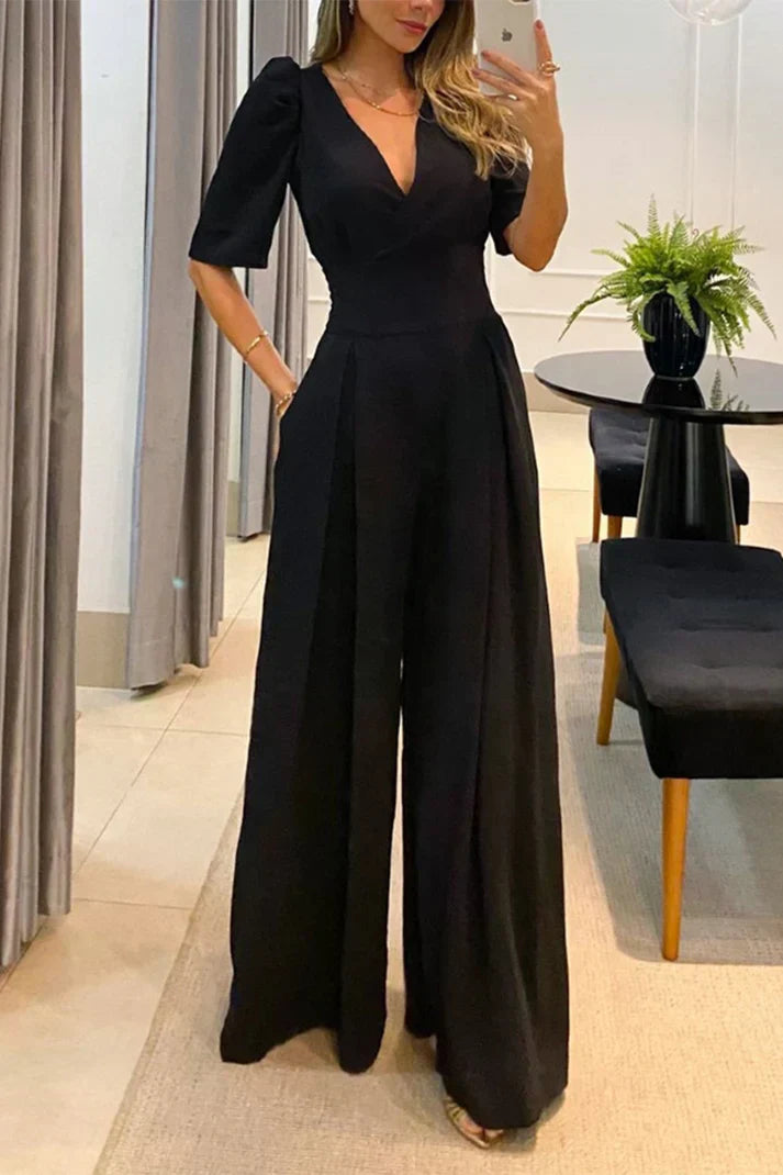 Élégante Combinaison Femme Large Jambe Décolleté en V Manches Longues | Idéal pour l'automne