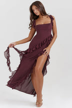 Melantha Women's Autumn Dress - Adjustable Straps - Ruffle Detail - High Slit - Elegant Fit