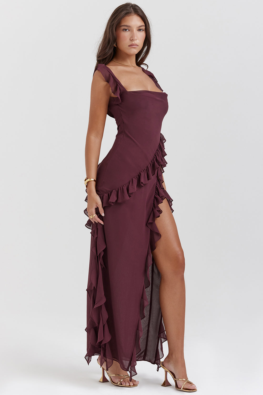 Melantha Women's Autumn Dress - Adjustable Straps - Ruffle Detail - High Slit - Elegant Fit