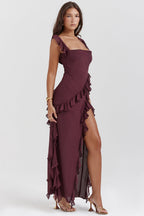 Melantha Women's Autumn Dress - Adjustable Straps - Ruffle Detail - High Slit - Elegant Fit