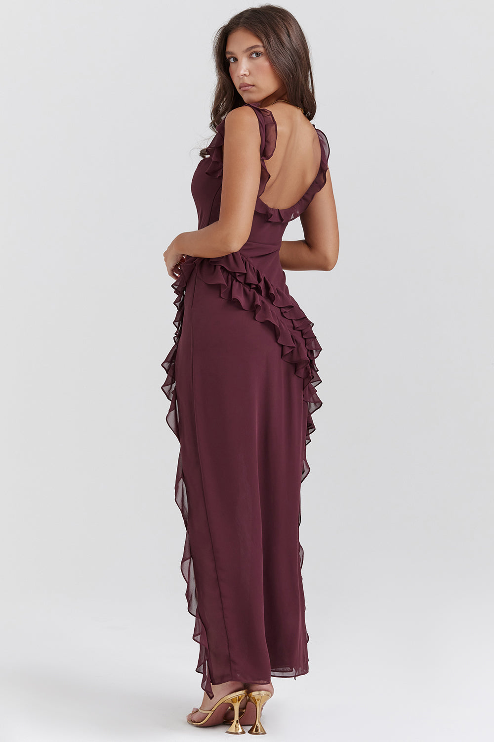 Melantha Women's Autumn Dress - Adjustable Straps - Ruffle Detail - High Slit - Elegant Fit