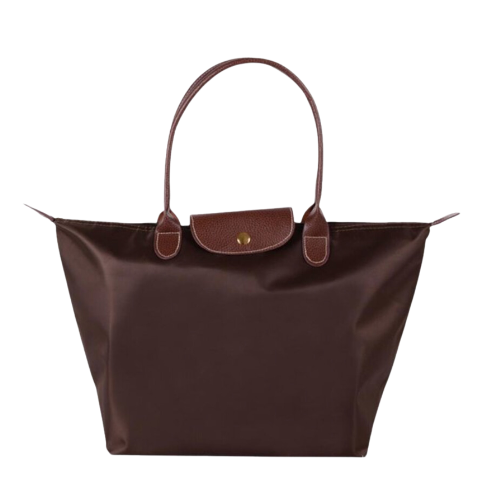 Sac à main en cuir marron foncé avec poignées et rabat à bouton doré, design élégant et classique, accessoire mode femme, style intemporel.