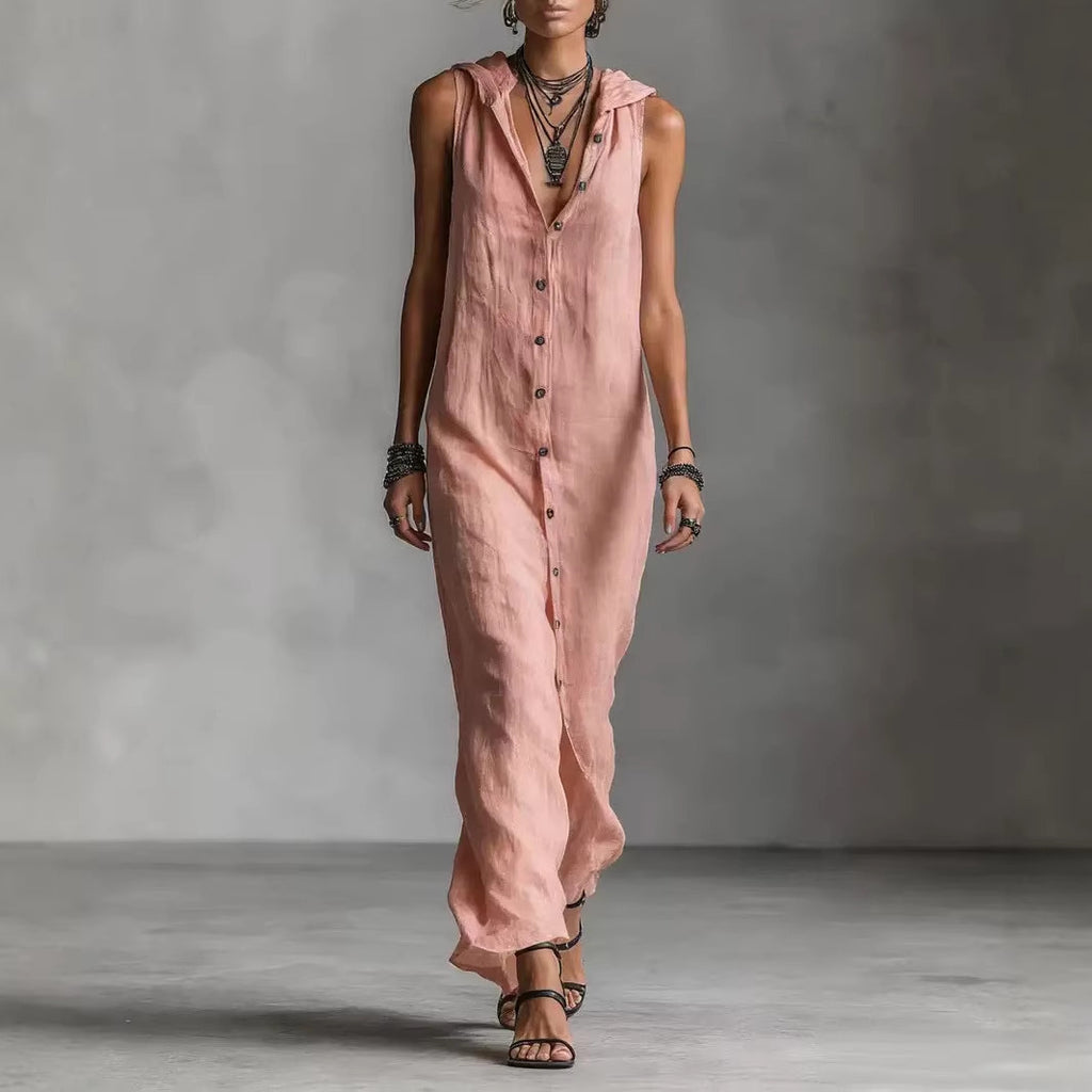 Robe longue sans manches à capuche et patte de boutonnage