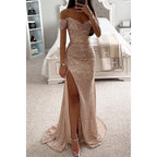 Robe de soirée d'automne pour femmes - robe longue pailletée décolletée avec fente pour le mariage et la fête
