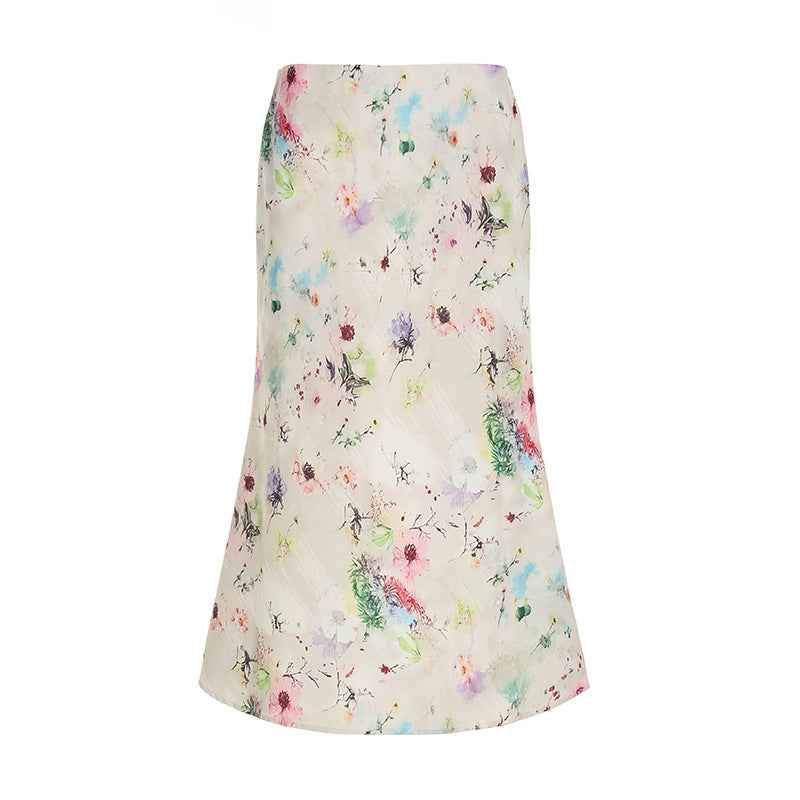 Jupe longue queue-de-poisson à taille amincie, motif floral