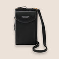 Sac à bandoulière noir élégant en cuir synthétique, design compact avec fermeture éclair dorée, idéal pour smartphone et accessoires.