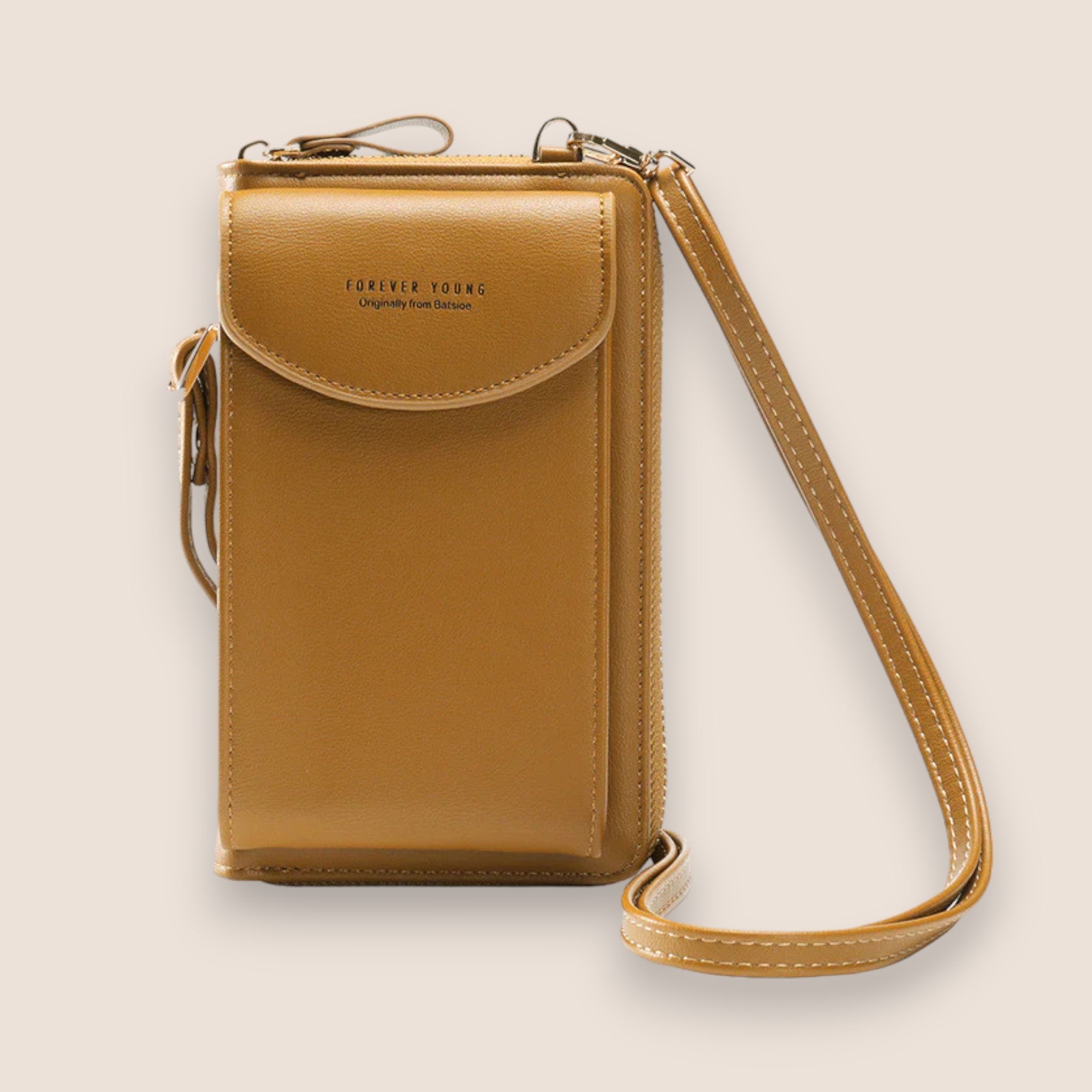 Sac à bandoulière en cuir marron pour téléphone portable, design élégant et moderne, idéal pour femmes, avec fermeture à rabat et sangle ajustable.
