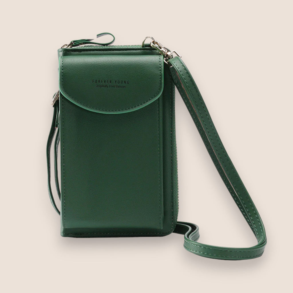 Sac à bandoulière vert en cuir, design compact avec rabat, idéal pour smartphone. Accessoire mode tendance pour femme, pratique et élégant.