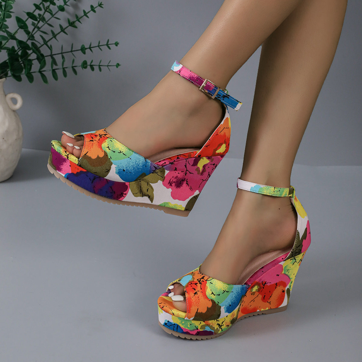 Multicoloured open-toe wedge shoe