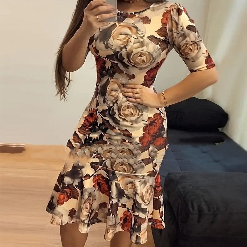 Robe midi plissée à taille haute, tricot col rond