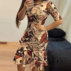 Robe midi plissée à taille haute, tricot col rond