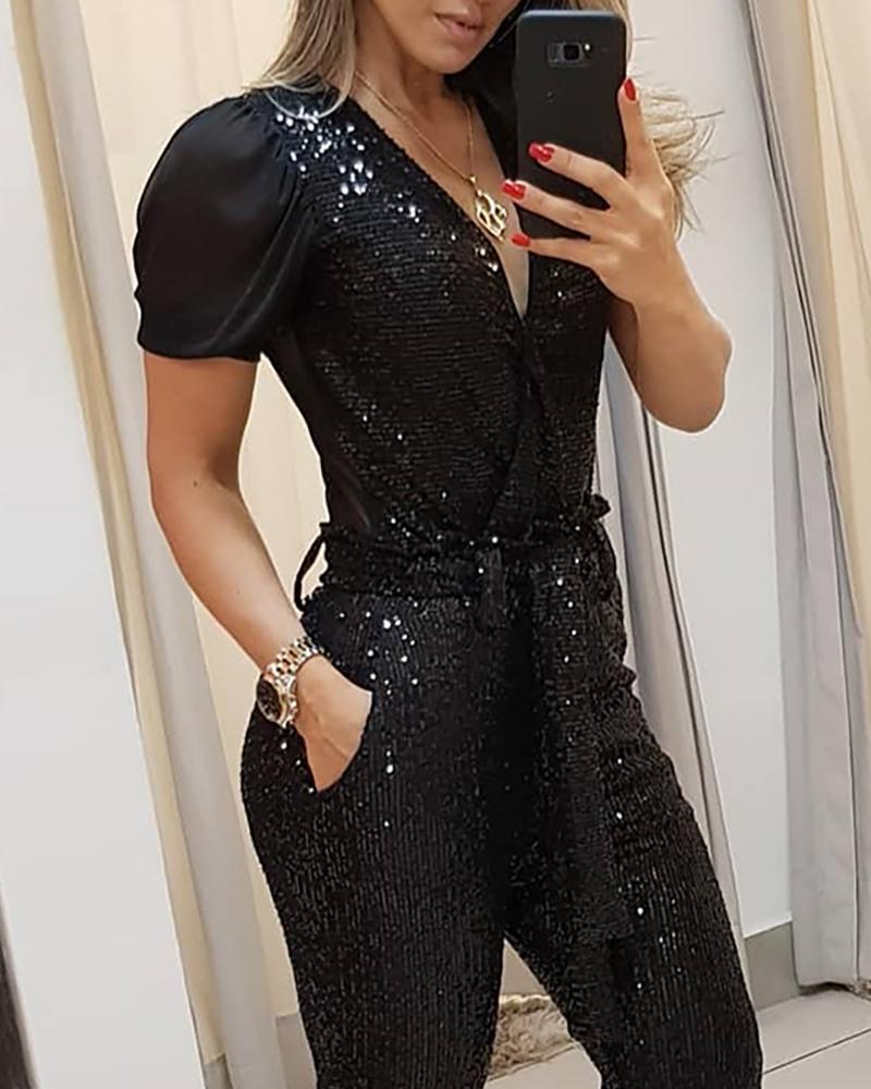 Combinaison pantalon à paillettes décolletée en V - Chic&Shines