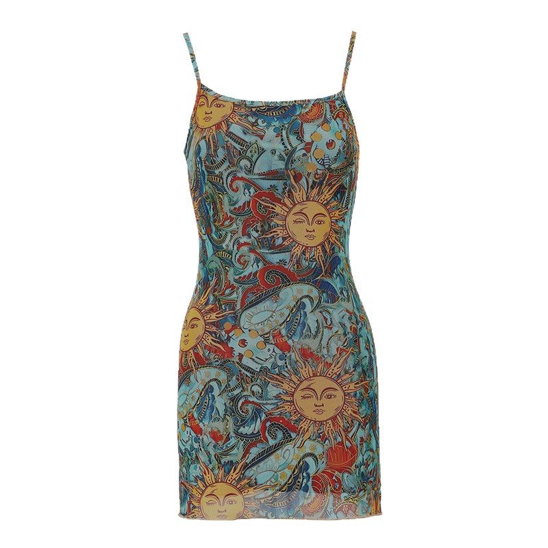 Robe bodycon sans bretelles motif soleil en mesh transparent