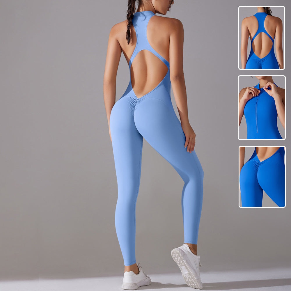 Backless sports jumpsuit with zipper