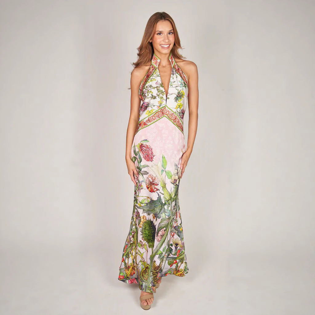 Robe Imprimée Fleuri col Halter — Longueur Maxi