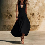 Asymmetrical V-neck long dress, linen and cotton