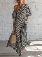 Robe rayée élégante avec découpe épaules