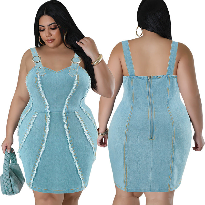 Sleeveless light blue denim trapeze dress
