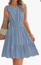 Bohemian pleated linen dress, round neck, fitted waist