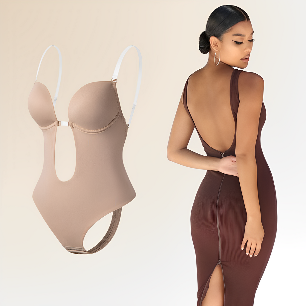 Body sculptant beige avec bretelles transparentes à côté d'une femme en robe marron moulante, dos nu, fente arrière. Mode féminine élégante.