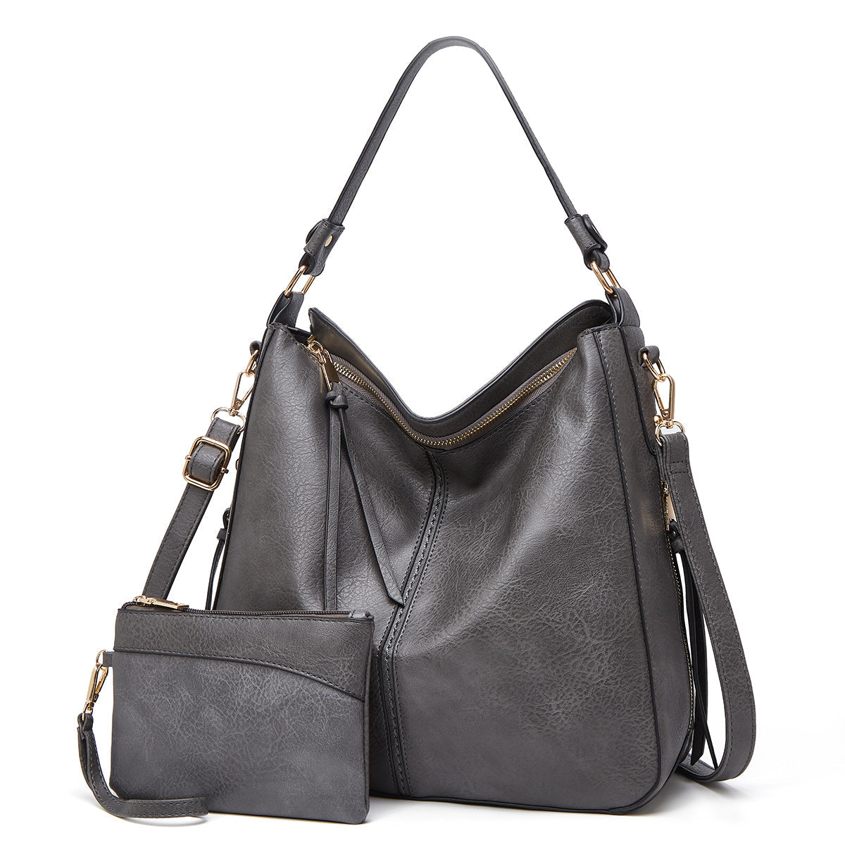 Sac à main en cuir gris avec pochette assortie, design élégant et moderne, idéal pour femme, mode, accessoires, tendance automne-hiver.
