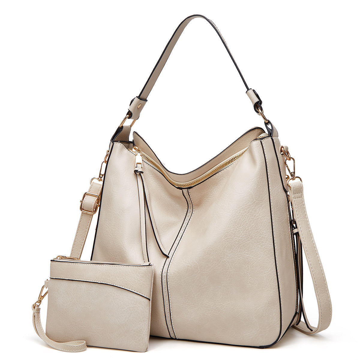 Sac à main en cuir beige élégant avec pochette assortie, bandoulière réglable, détails dorés, design moderne et chic, parfait pour la mode féminine.