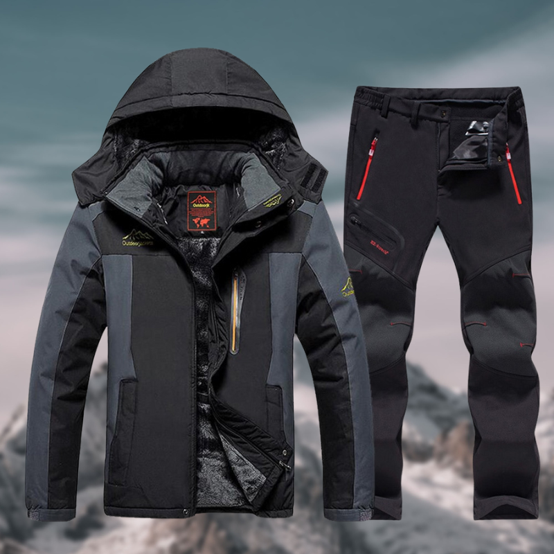Veste et pantalon de randonnée imperméables pour homme, noir et gris, avec capuche et poches zippées, idéal pour activités extérieures en montagne.