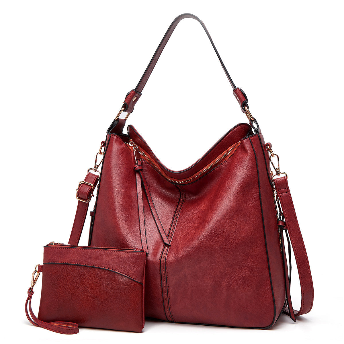 Sac à main en cuir rouge avec pochette assortie, bandoulière réglable, design élégant et moderne, parfait pour la mode féminine et le quotidien.