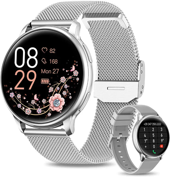 Montre connectée argentée avec bracelet en maille, affichage floral, suivi de santé, notifications d'appels et messages, écran tactile moderne.